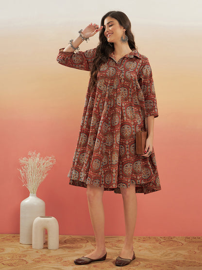 InWeave Women's Maroon Mughal Kalamkari Flared Dress