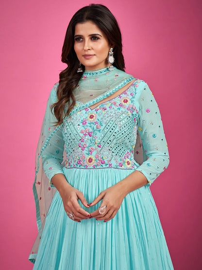 Myra Blue Chinon Silk Embroidered Gown
