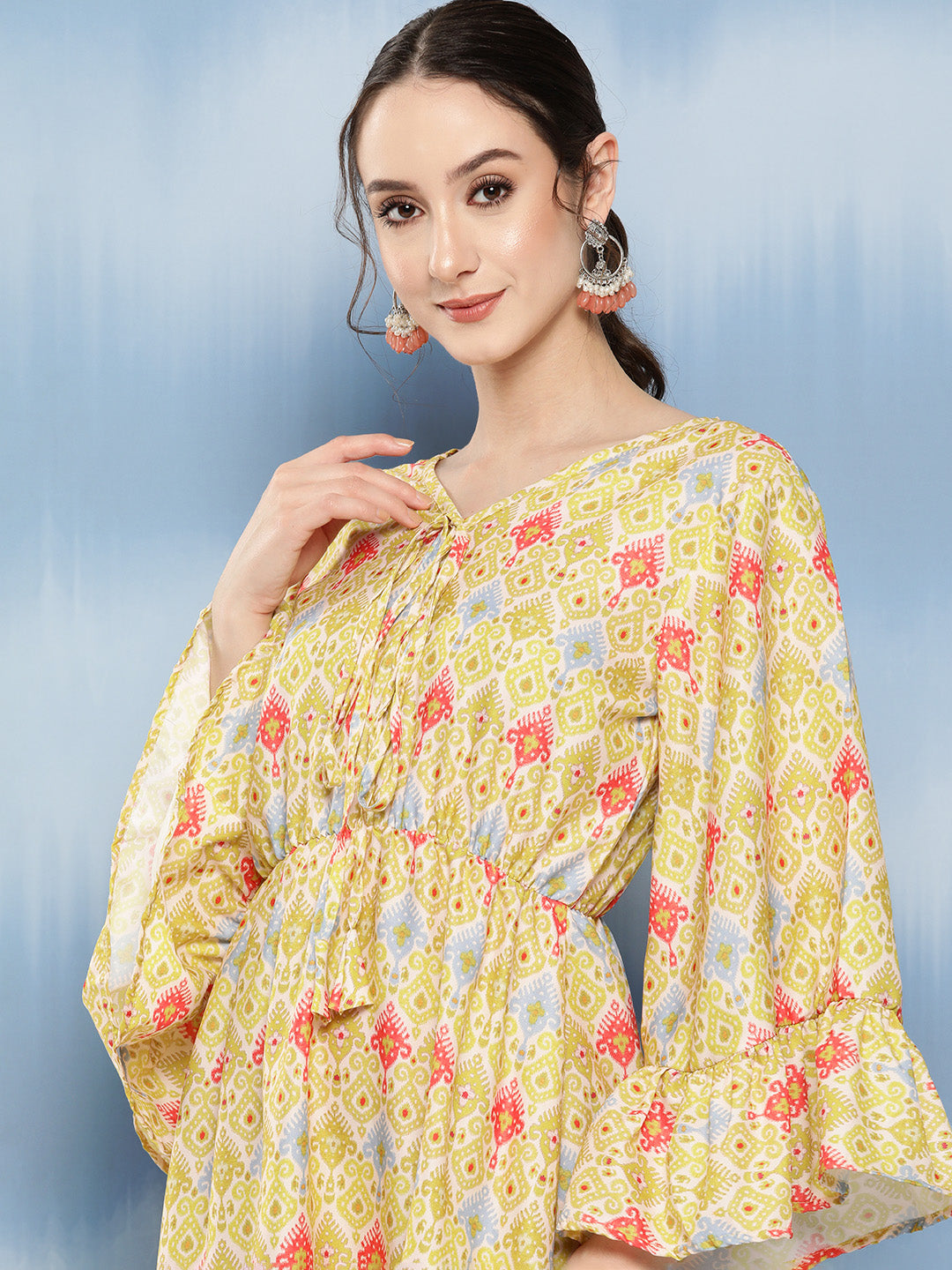InWeave Women's Yellow Orange Ikkat Print Short Dress
