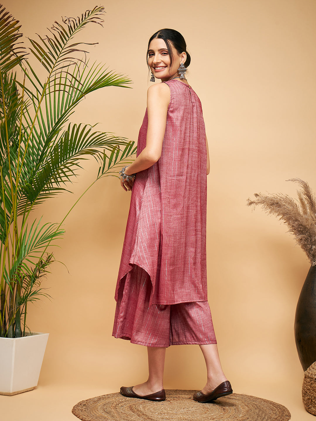 InWeave Women's Wine Lurex Short Pallazo Kurta Set
