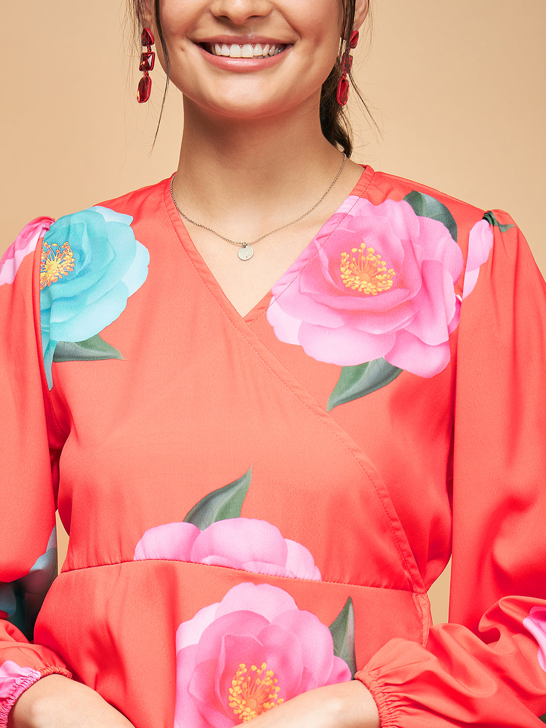 InWeave Women's Dark Orange Pink Blue Flower Belted Dress