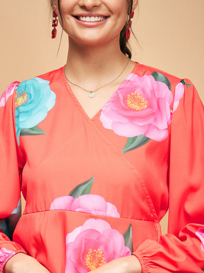 InWeave Women's Dark Orange Pink Blue Flower Belted Dress