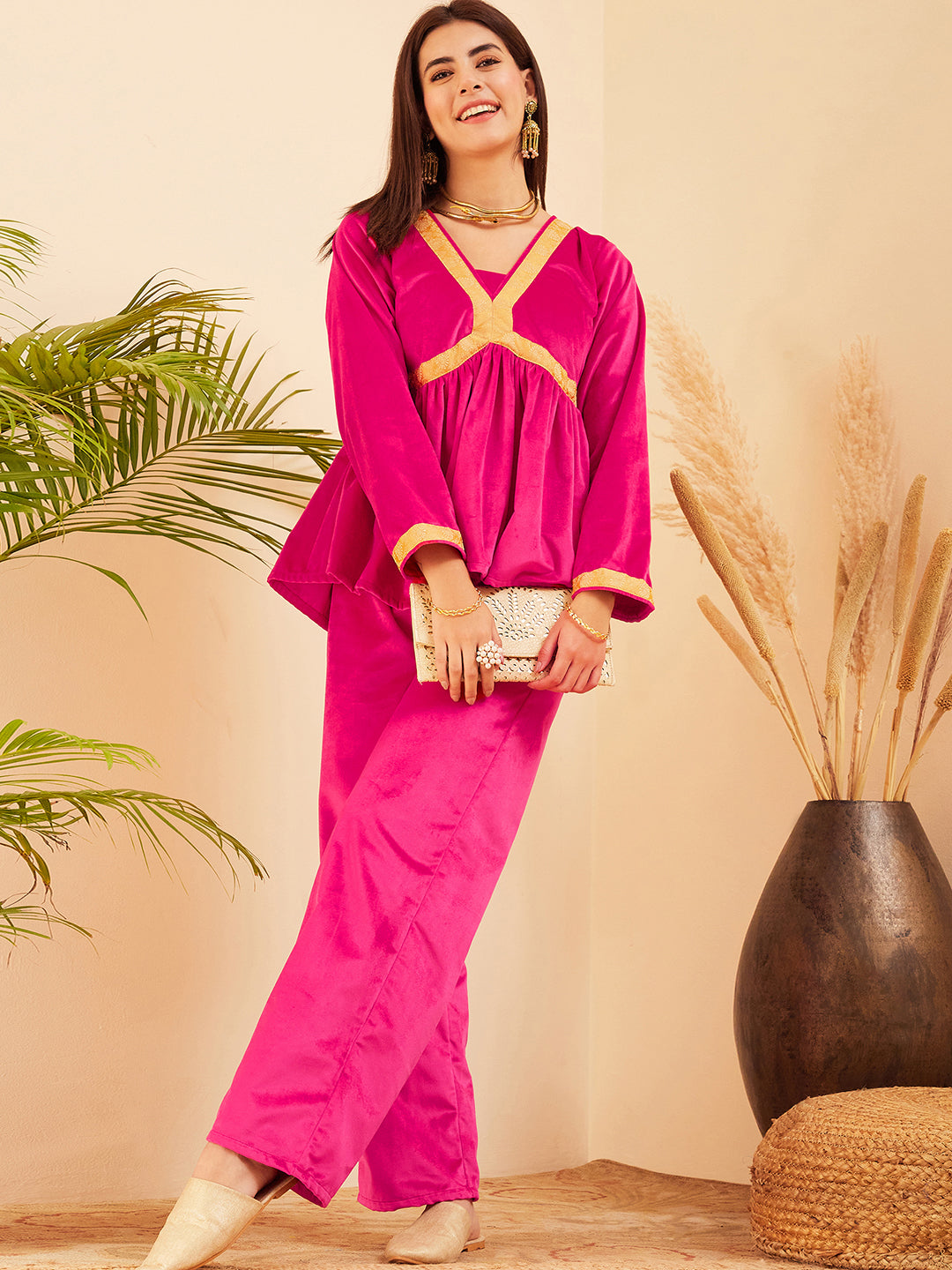 InWeave Women's Magenta Mughal Shaan Style Velvet Short Kurta Set