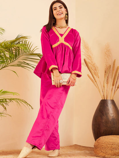 InWeave Women's Magenta Mughal Shaan Style Velvet Short Kurta Set