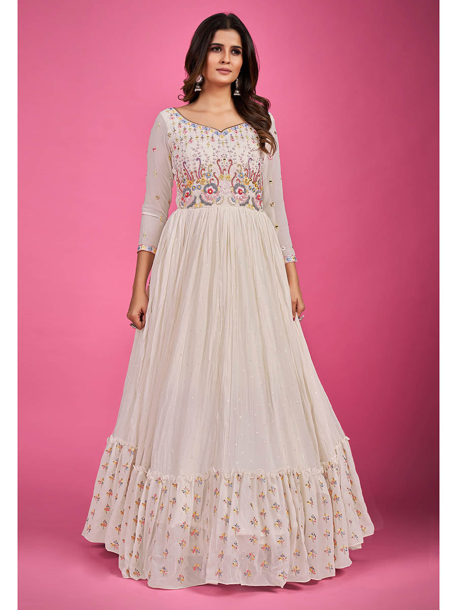 Myra White Pure Georgette Embroidered Gown