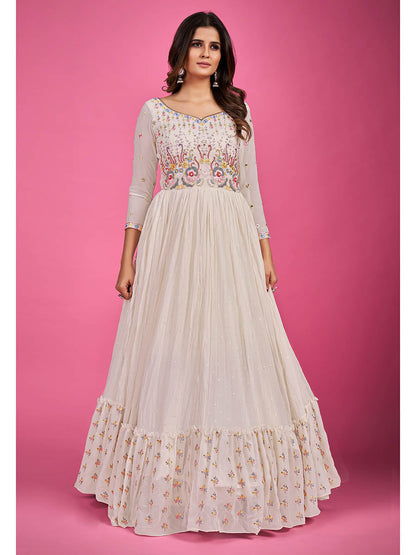 Myra White Pure Georgette Embroidered Gown