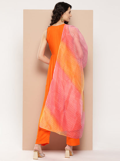 InWeave Women's Orange Mirror Work Aline Strappy Kurta Set W Pink Yellow Leh Dupatta