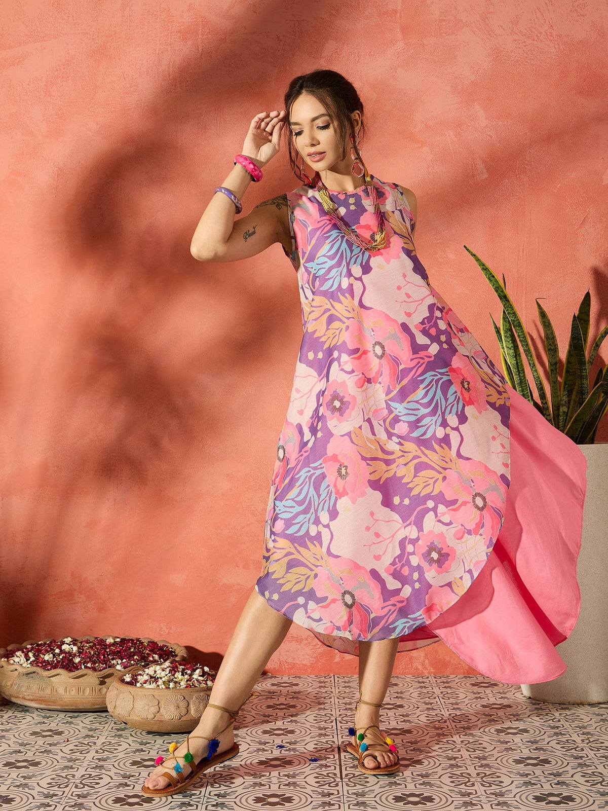 InWeave Purple Floral Peach Asymmetrical Dress