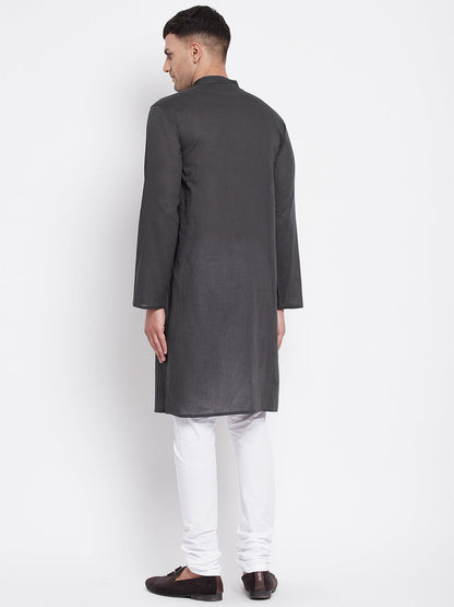 Even Apparels Grey Pure Cotton Kurta With Band Collar