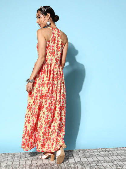 InWeave Women's Orange Paisley Print Raisa Back Detail Dress