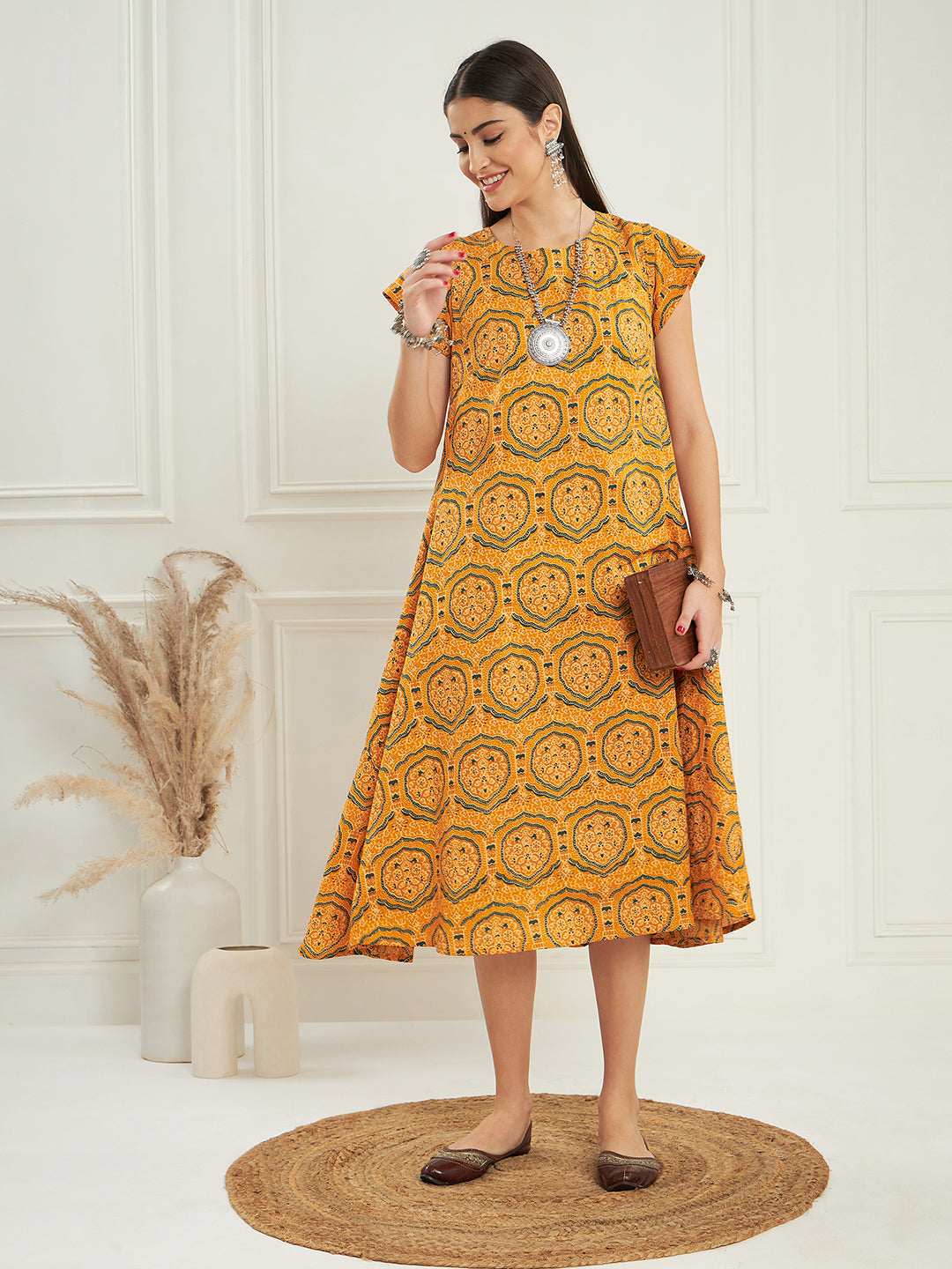 InWeave Women's Haldi Yellow Mughal Kalamkari A Line Dress