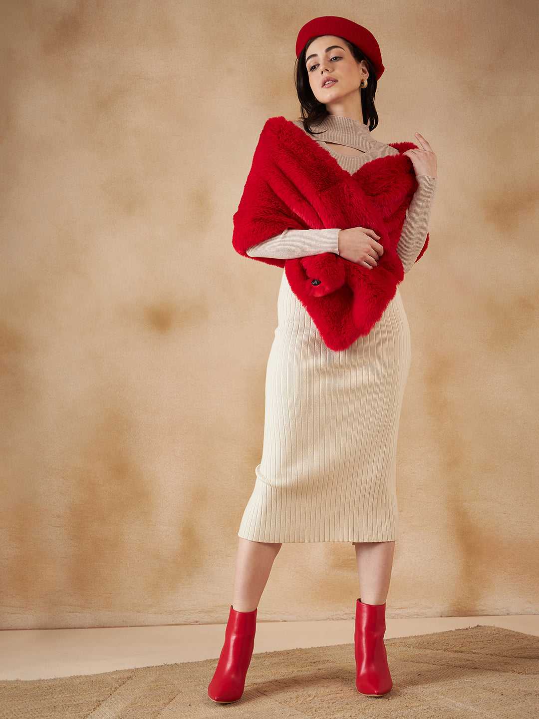 InWeave Women's Cherry Red Long Faux Fur Cape