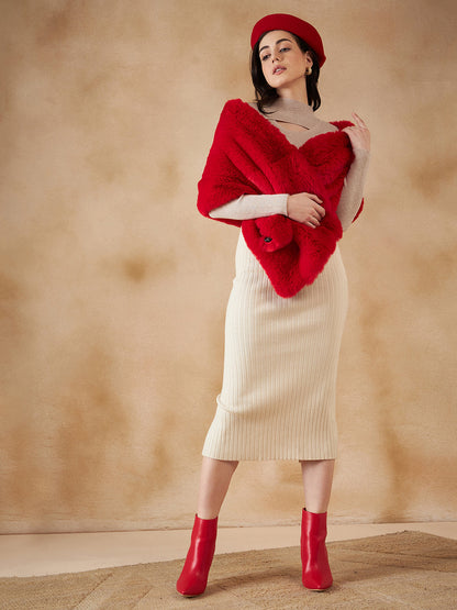InWeave Women's Cherry Red Long Faux Fur Cape