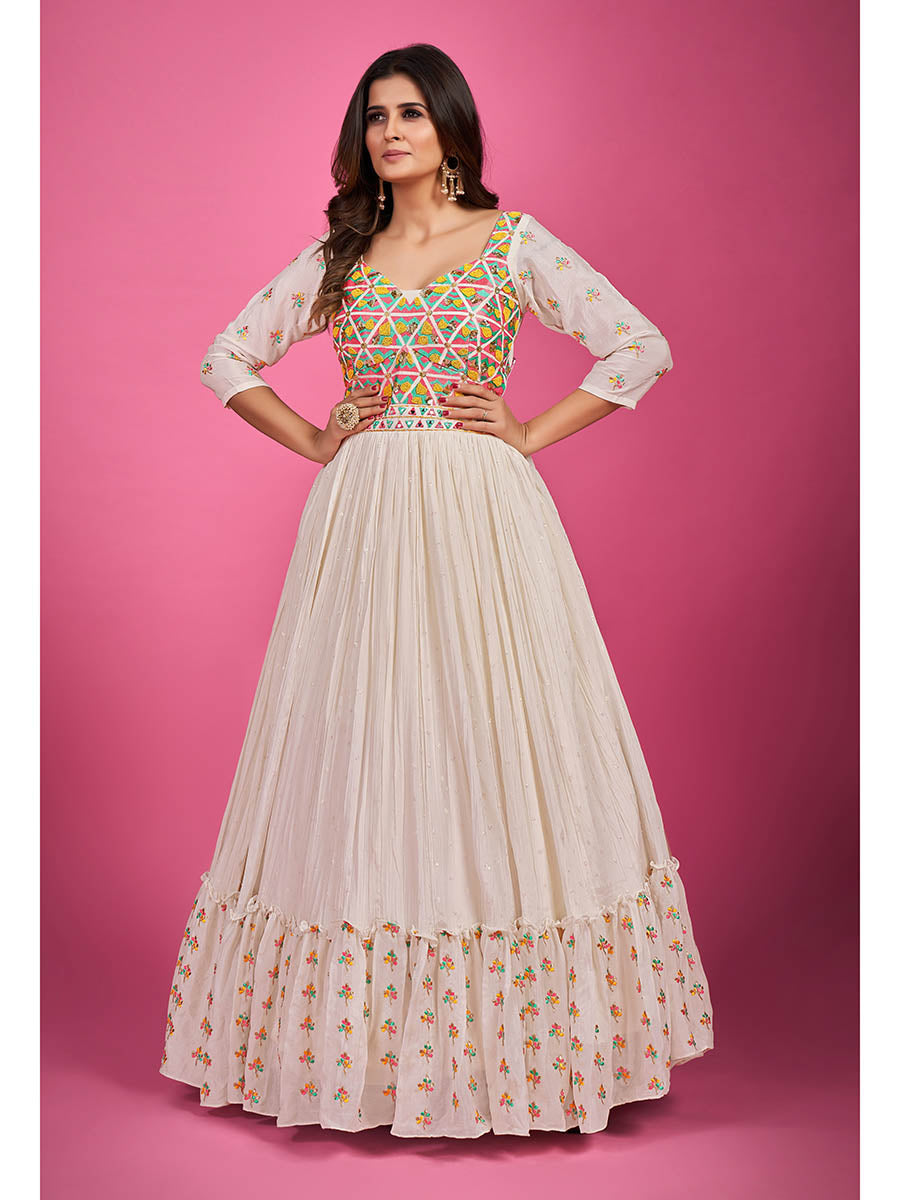Myra White Chinon Silk Embroidered Gown