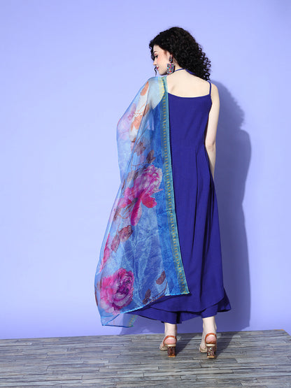 InWeave Women's Strappy Set In Ink Blue With Blue  Fuschia Floral Organza Dupatta