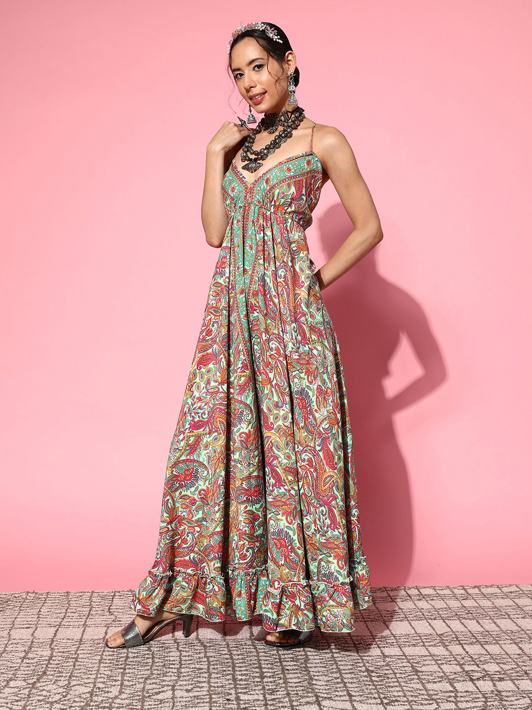 InWeave Women's Green Paisley Print Back Detail Long Dress