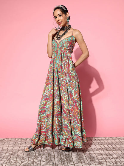 InWeave Women's Green Paisley Print Back Detail Long Dress
