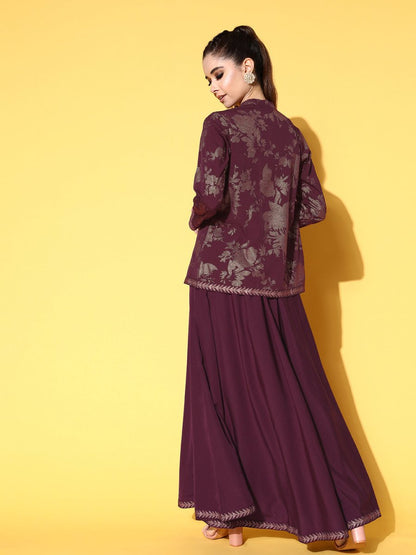 Ahalyaa Women Burgundy Top With Skirt & With Jacket