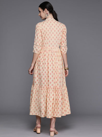 Ahalyaa Floral Print Mandarin Collar Tiered Midi Pure Cotton Ethnic Dress
