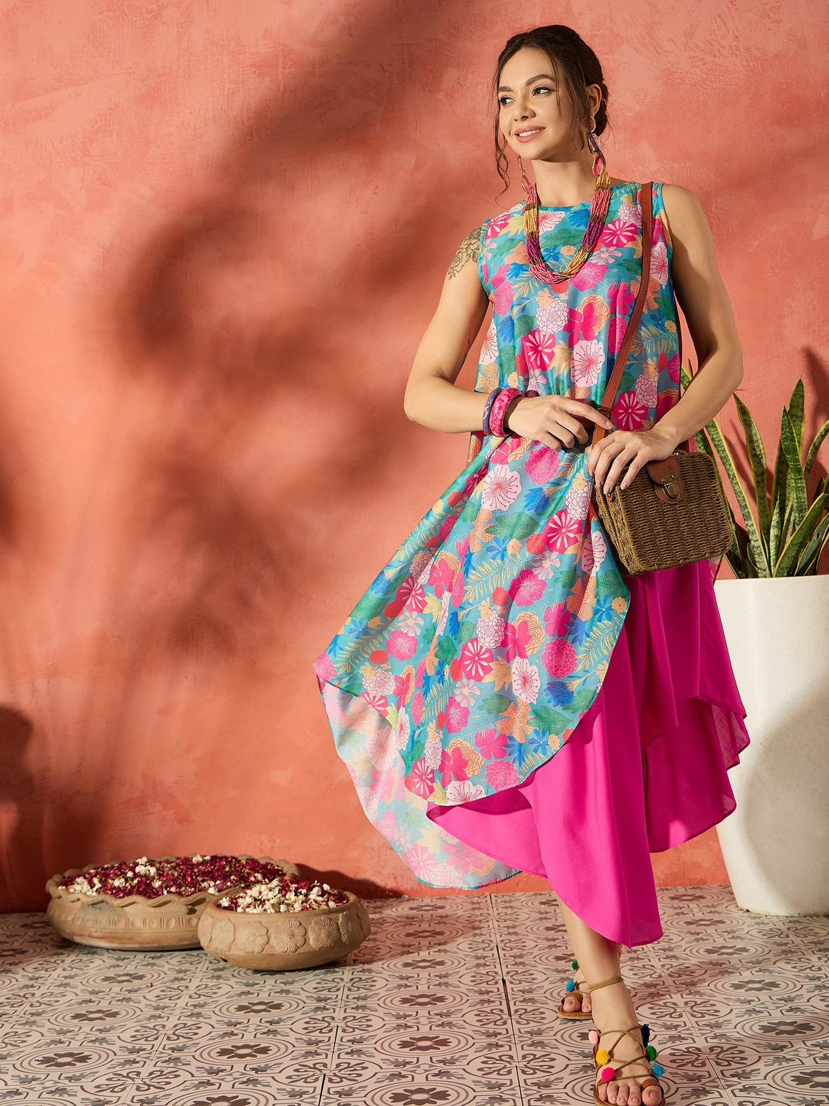 InWeave Blue Floral Fuchsia Asymmetrical Dress