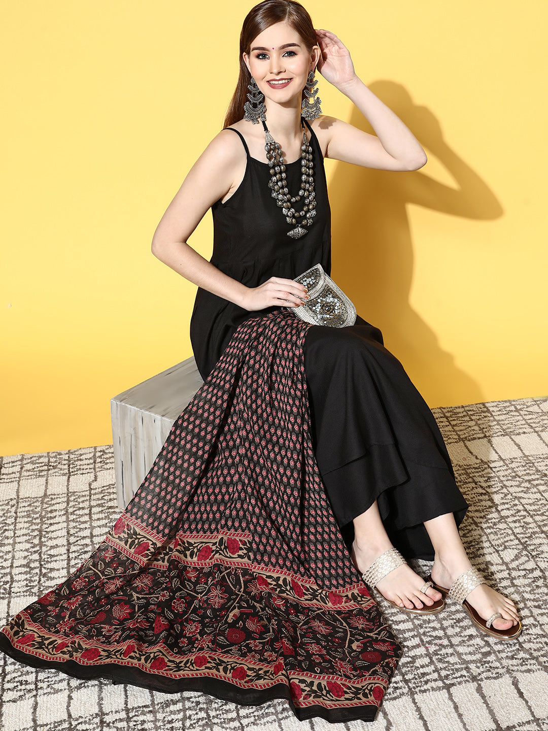 InWeave Women's Strappy Set With Black Pink Ethnic Print Cotton Dupatta