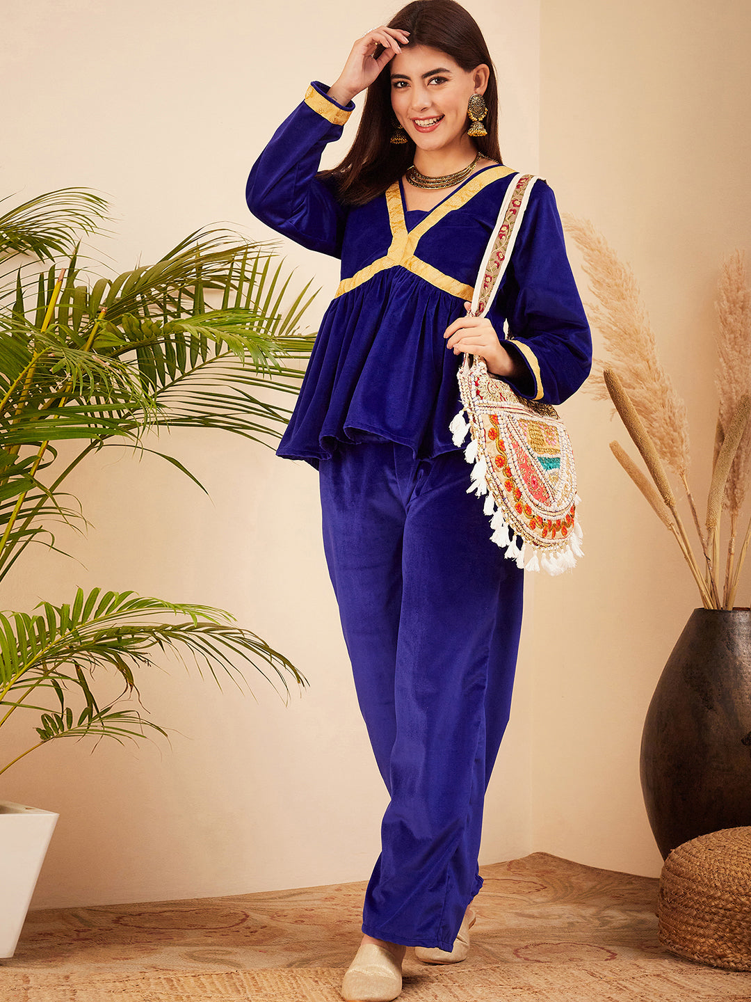 InWeave Women's Royal Blue Mughal Shaan Style Velvet Short Kurta Set