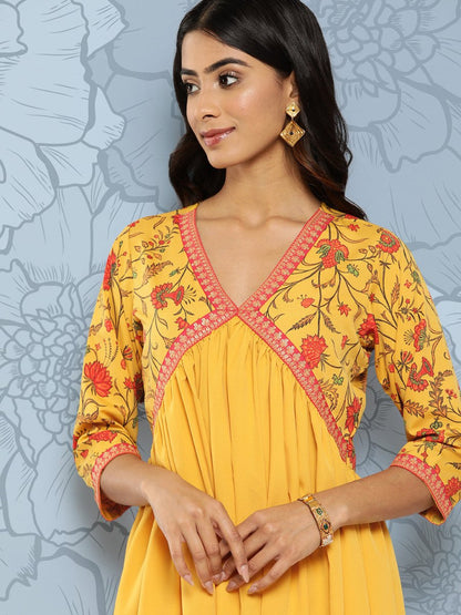 Ahalyaa Floral Print Crepe Empire Midi Ethnic Dress