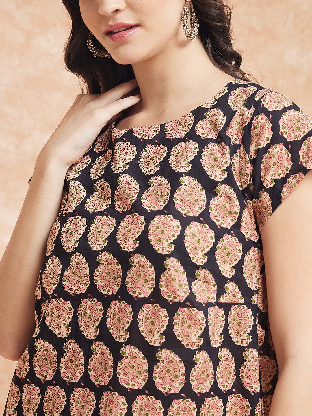 InWeave Women's Black Small Paisley Kalamkari A Line Dress