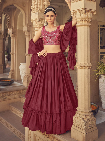 Myra Maroon Chinon & Art SIlk Embroidered Designer Lehenga Choli