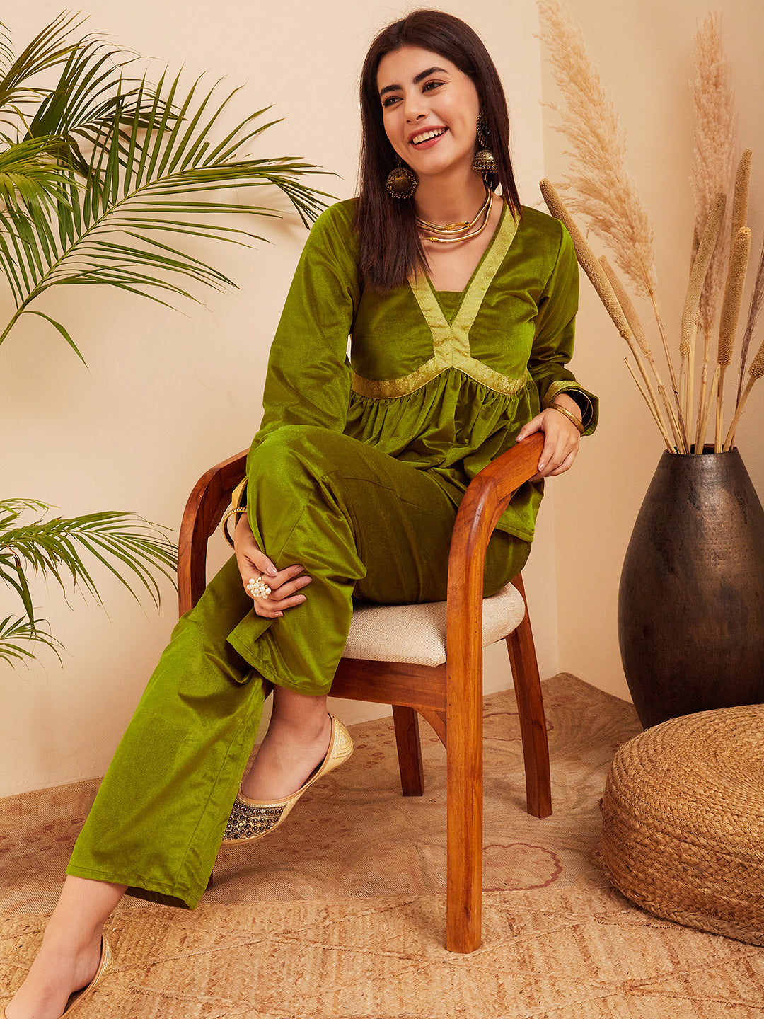 InWeave Women's Olive Mughal Shaan Style Velvet Short Kurta Set