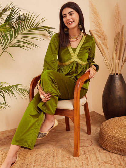 InWeave Women's Olive Mughal Shaan Style Velvet Short Kurta Set