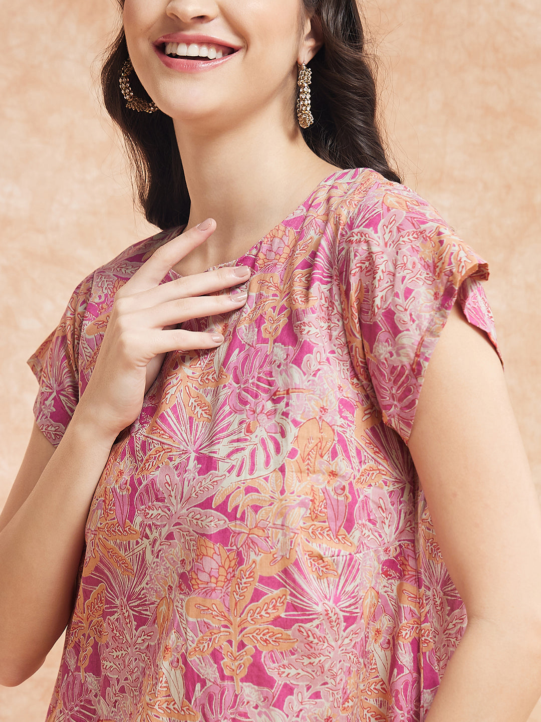 InWeave Women's Pink Coral Floral Print A Line Dress