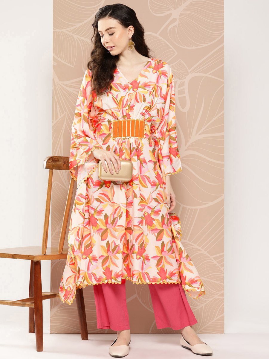 Ahalyaa Women Floral Printed Flared Sleeves Gotta Patti Crepe Kaftan Kurta