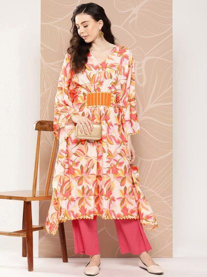 Ahalyaa Women Floral Printed Flared Sleeves Gotta Patti Crepe Kaftan Kurta