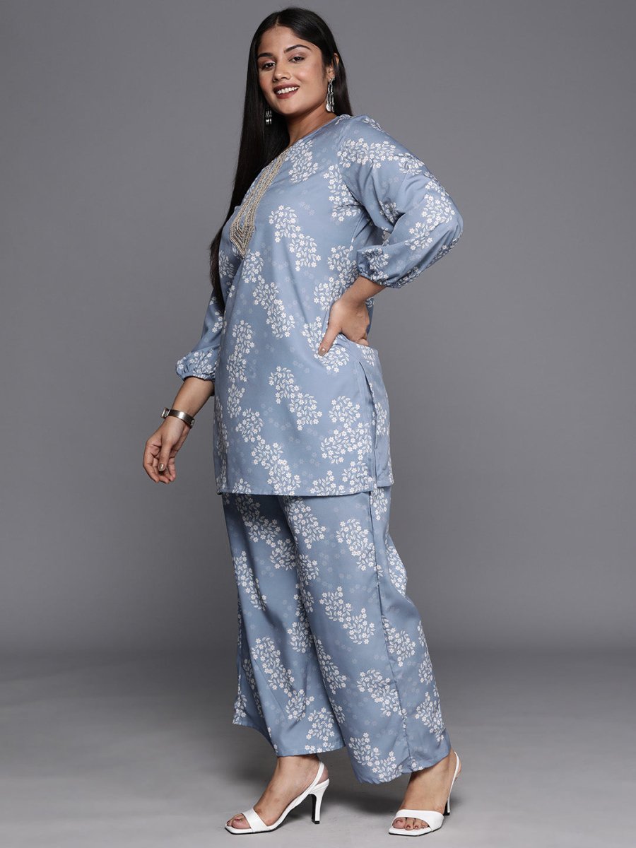 Ahalyaa Plus Size Floral Print Zari Ethnic Tunic with Palazzos