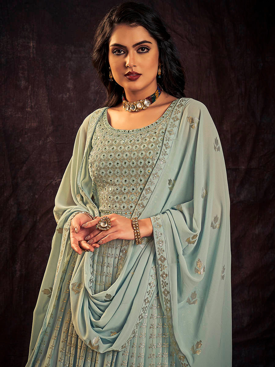 Myra Light Blue Real Georgette Designer Gown Style Suit