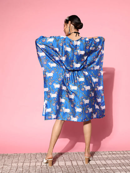 InWeave Women's Ink Blue Indian Bull Print Kaftan