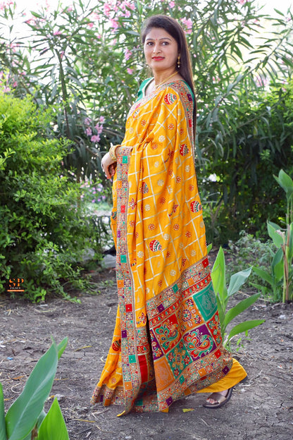 Lorenvalley Fashion Premium Yellow Dola Silk Embroidery and Diamond work with Jacquard Lace Border Saree
