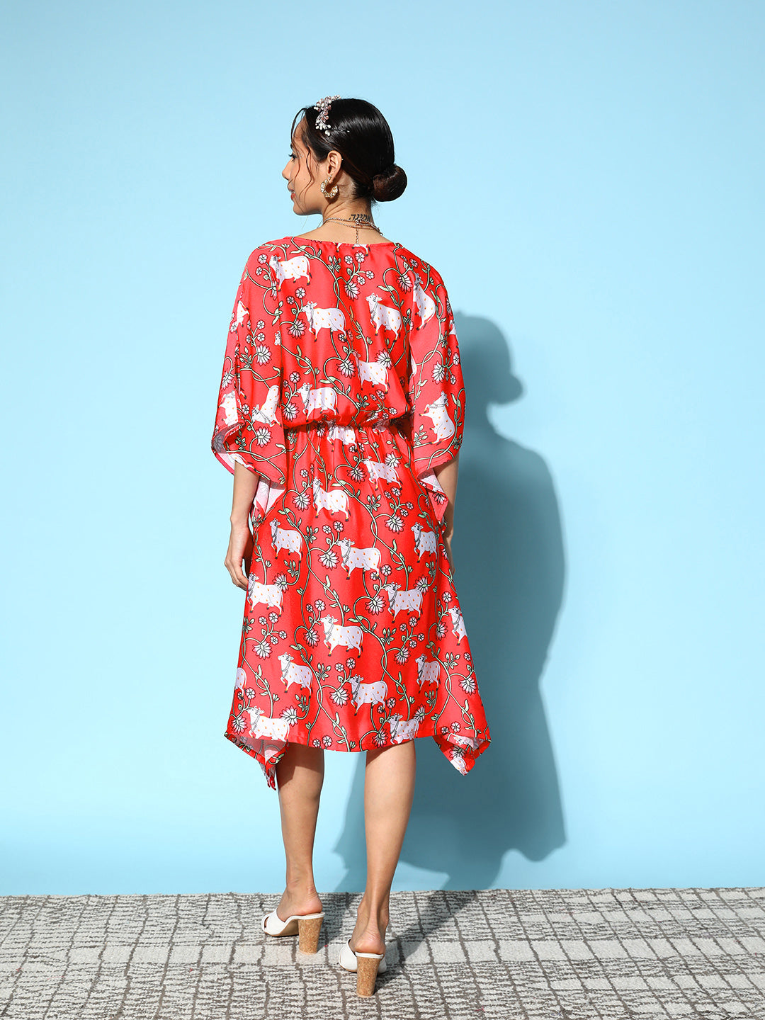 InWeave Women's Bright Pink Indian Bull Print Kaftan