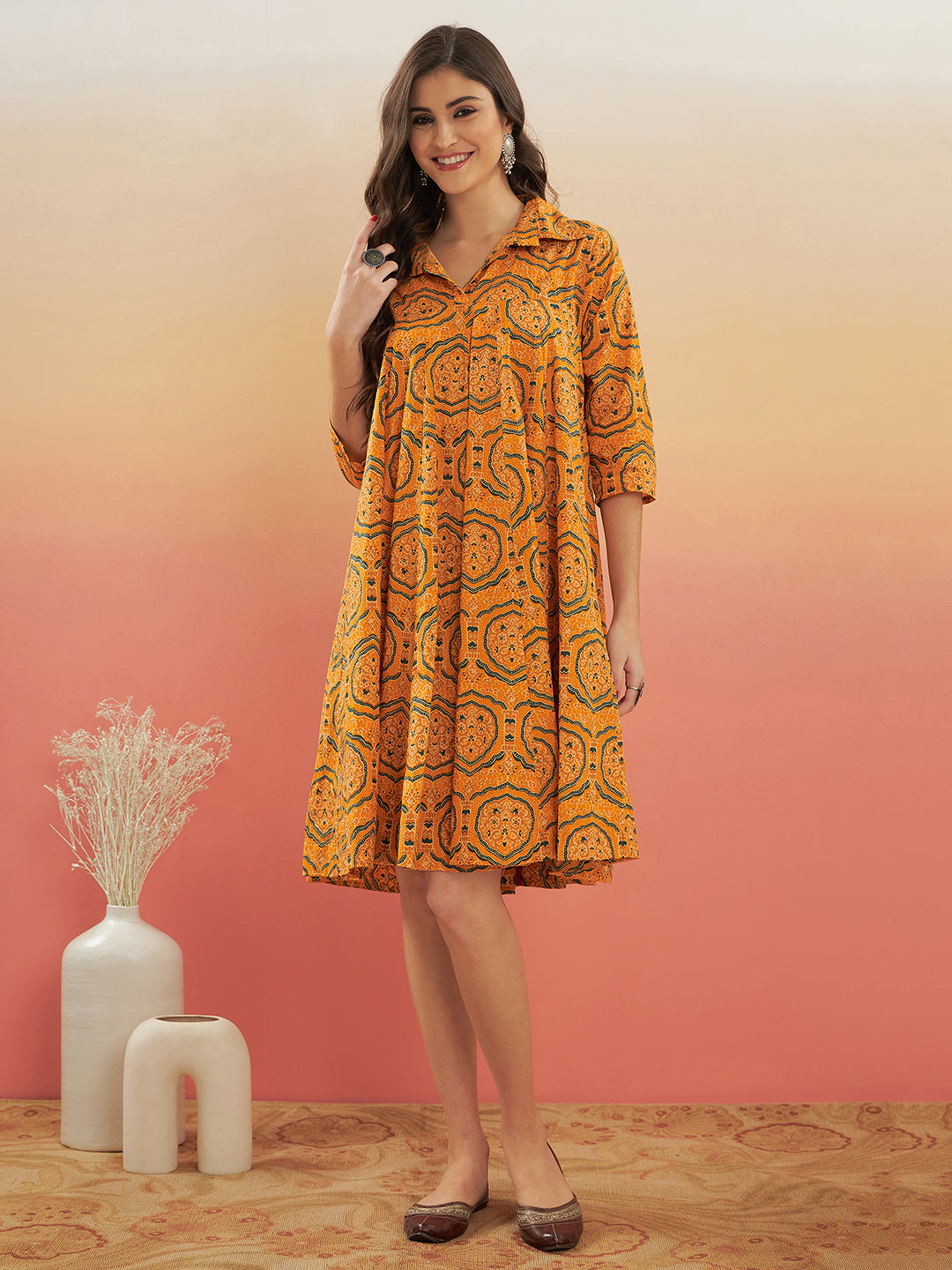 InWeave Women's Haldi Yellow Mughal Kalamkari Flared Dress