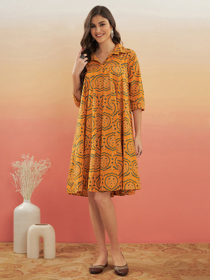 InWeave Women's Haldi Yellow Mughal Kalamkari Flared Dress
