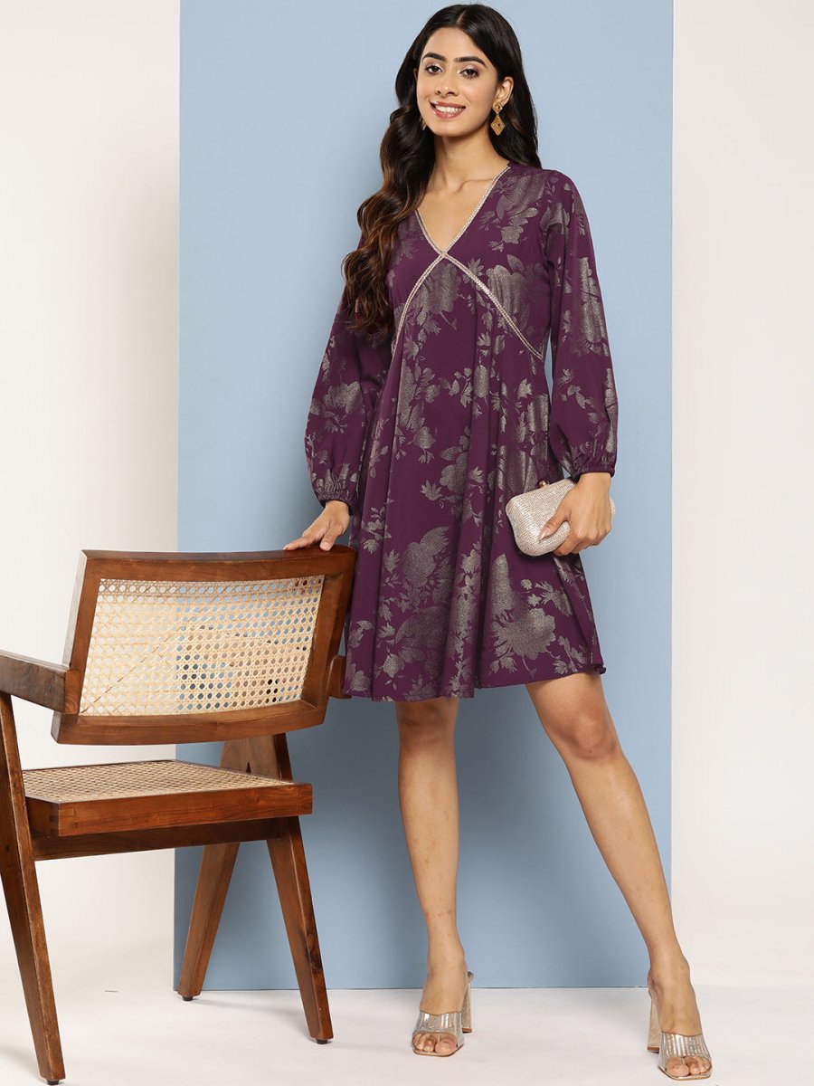 Ahalyaa Floral Print Puff Sleeves Empire Crepe Ethnic Dress