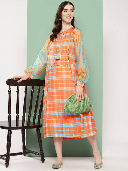 Ahalyaa Checked Tie-Up Neck Sequined Ethnic A-Line Midi Dress