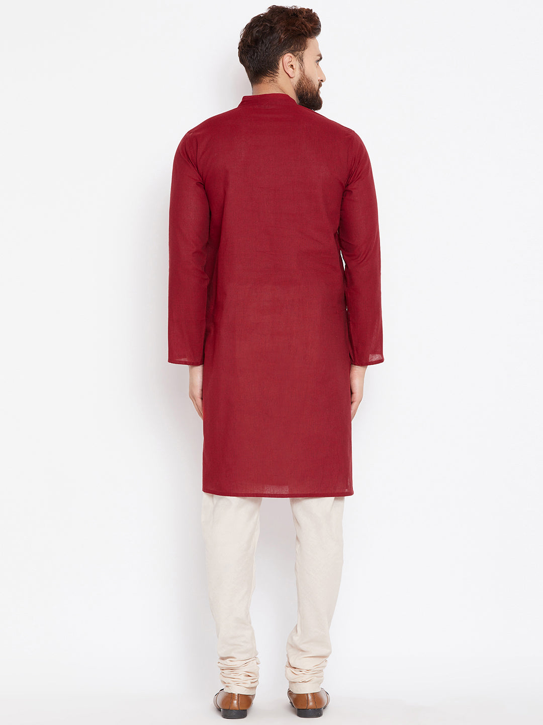 Even Apparels Maroon Pure Cotton Kurta With Band Collar