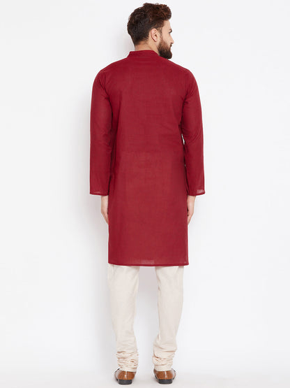 Even Apparels Maroon Pure Cotton Kurta With Band Collar