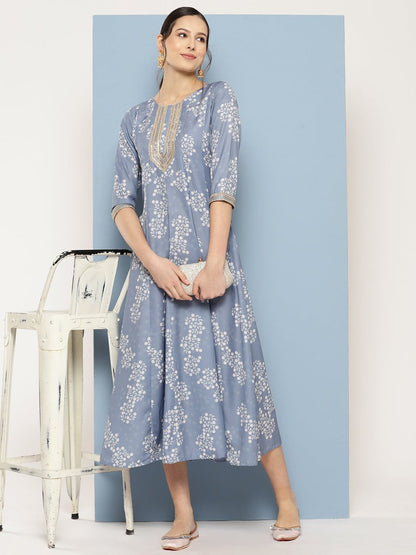 Ahalyaa Floral Printed Midi A-Line Ethnic Dress