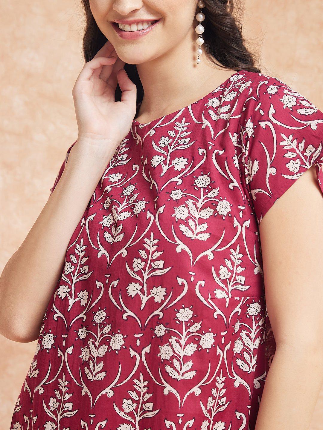 InWeave Women's Wine Cream Floral Print A Line Dress