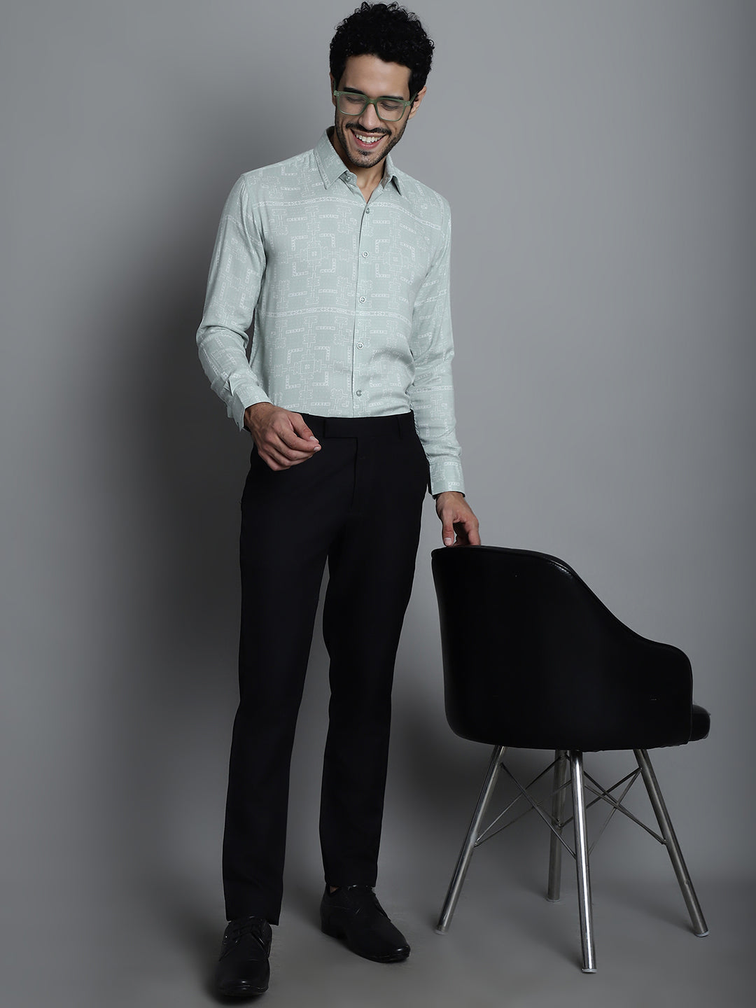 Jainish Men's Geomatric Printed Formal Shirts - Pista