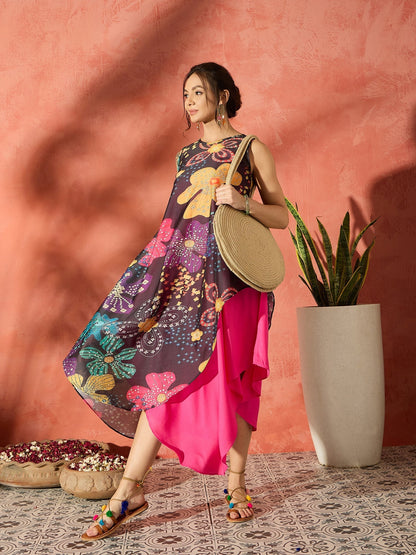 InWeave Black Floral Fuchsia Asymmetrical Dress