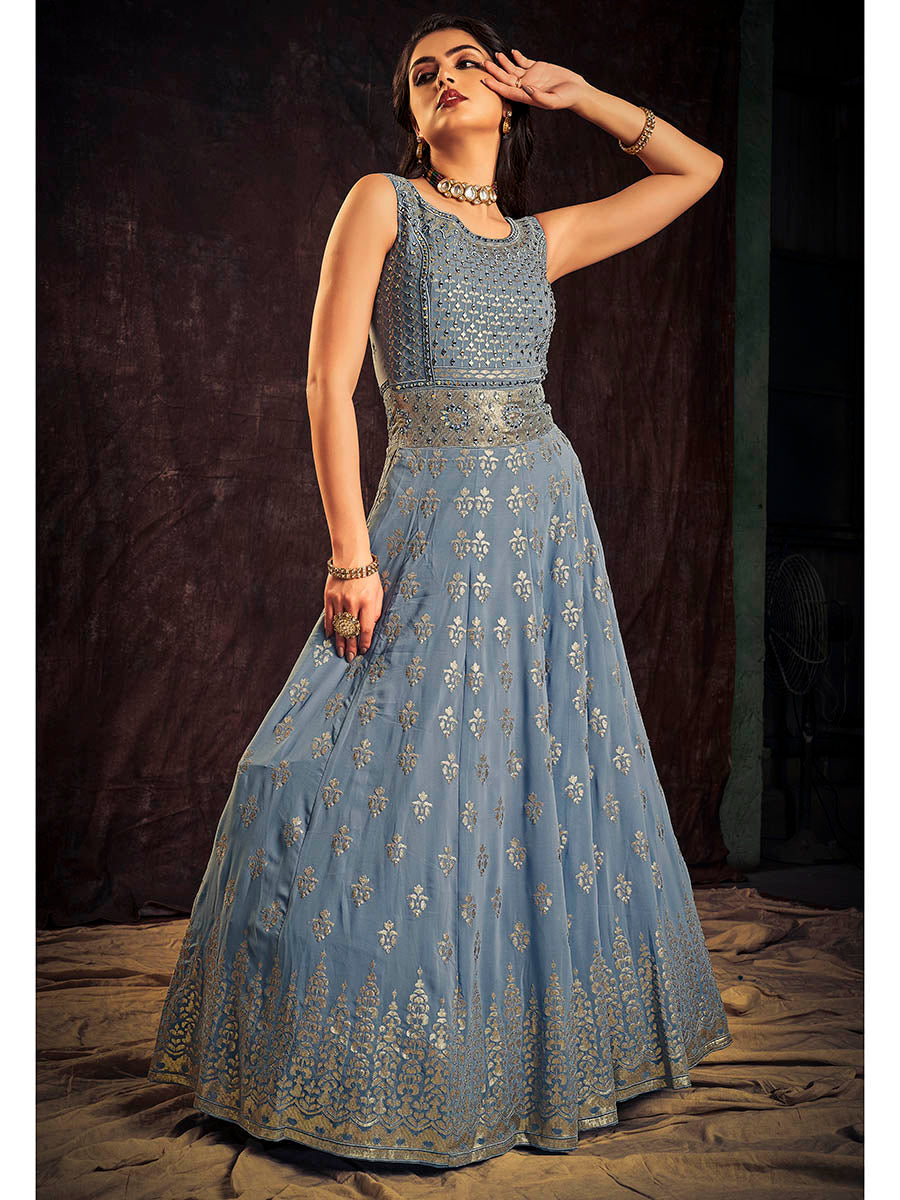 Myra Blue Real Georgette Designer Gown Style Suit